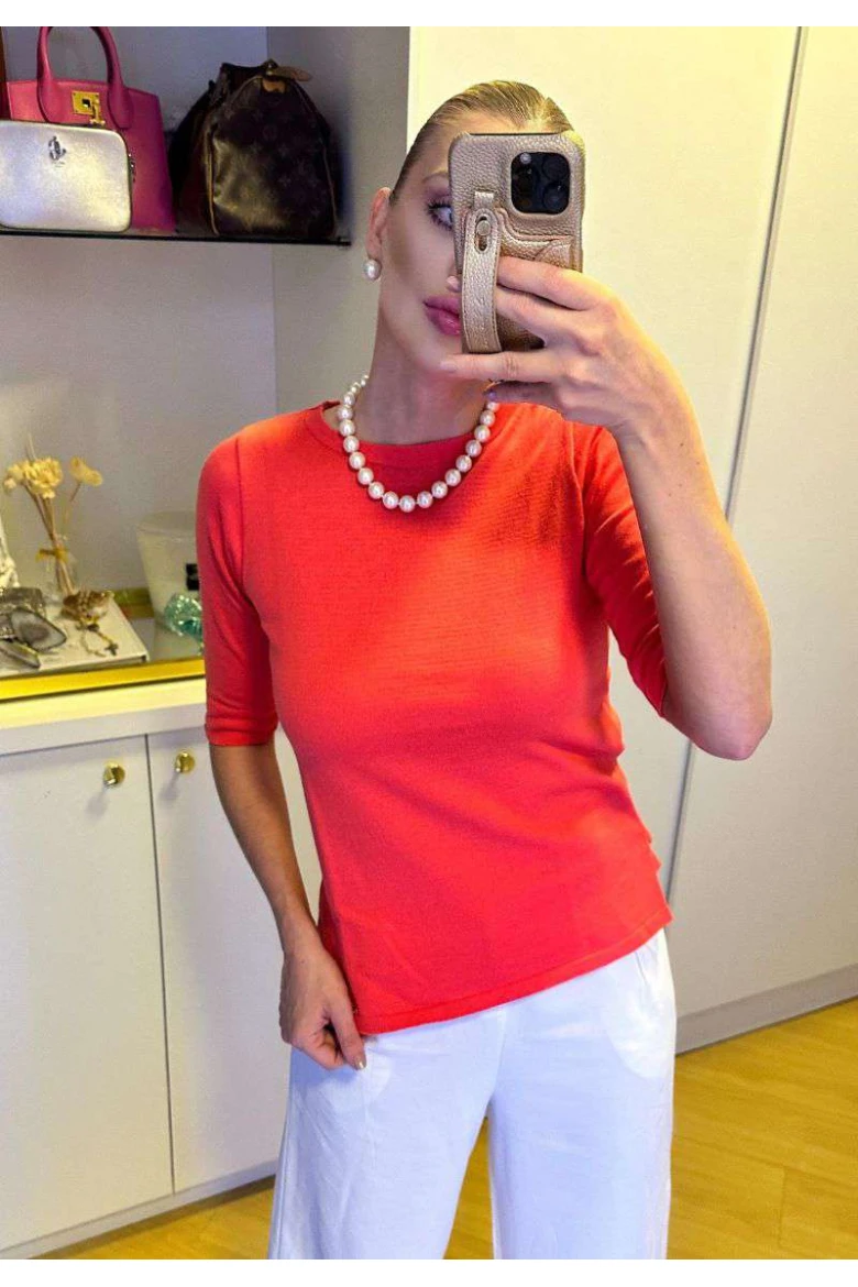 Blusa Tricot Feminina Manga 3/4 - Laranja coral