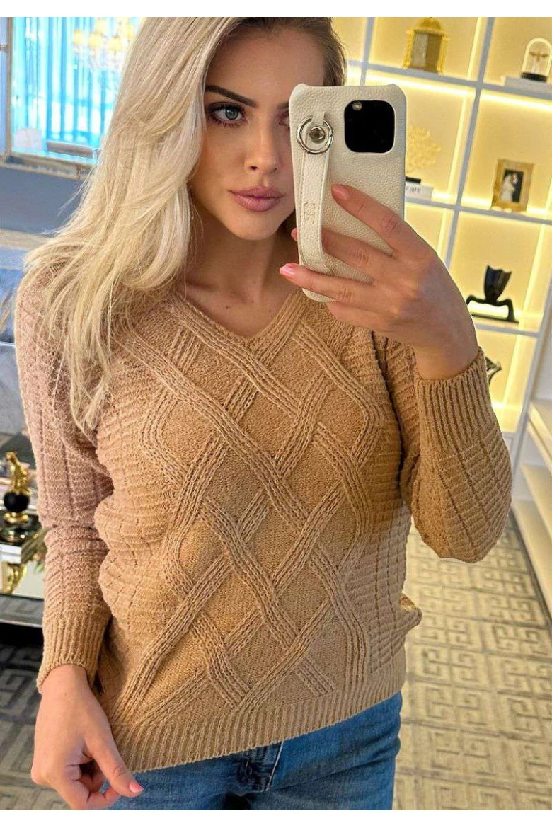 Blusa Feminina Tricot Texturizada Gola V - Bege Blusa Feminina Tricot Texturizada Gola V - Bege