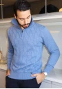 Blusa Masculina Tricot com Zíper e Gola Alta - Azul jeans