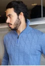 Blusa Masculina Tricot com Zíper e Gola Alta - Azul jeans