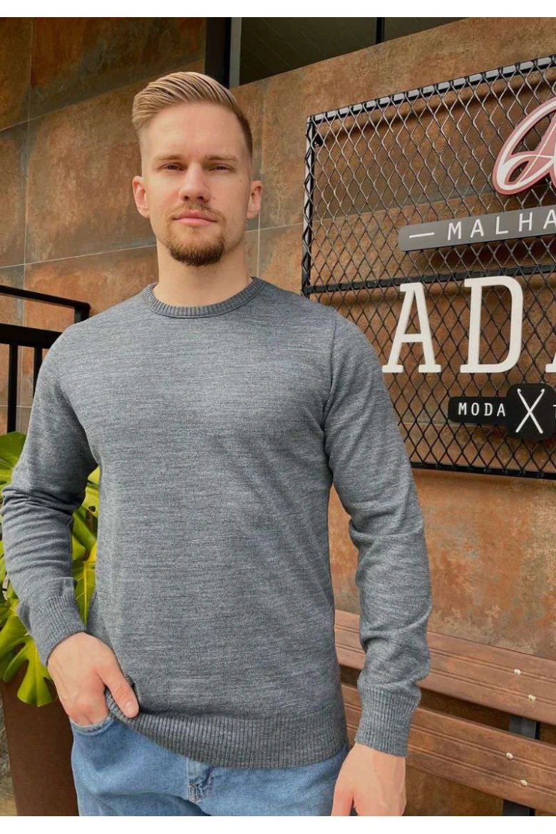 Blusa Masculina em Tricot Básica com Gola Redonda - Cinza mescla Blusa Masculina em Tricot Básica com Gola Redonda - Cinza mescla