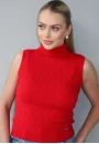 Blusa Regata de Tricot Feminina com Gola Alta e Trança Vertical - Vermelho