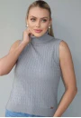 Blusa Regata de Tricot Feminina com Gola Alta e Trança Vertical - Cinza