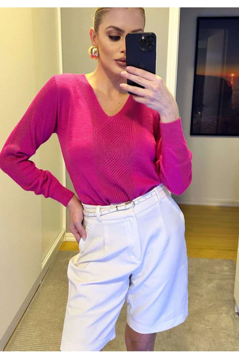 Blusa de Tricot com Gola V e Textura Central - Rosa Blusa de Tricot com Gola V e Textura Central - Rosa