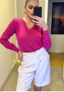 Blusa de Tricot com Gola V e Textura Central - Rosa Blusa de Tricot com Gola V e Textura Central - Rosa