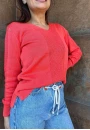Blusa de Tricot com Gola V e Textura Central - Laranja coral