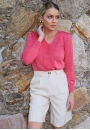 Blusa de Tricot com Gola V e Textura Central - Coral