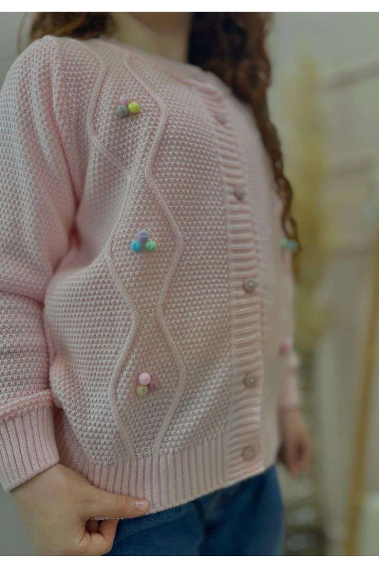 Cardigã Infantil de Tricot Feminino com Pompons Coloridos - Rosa bebê Cardigã Infantil de Tricot Feminino com Pompons Coloridos - Rosa bebê