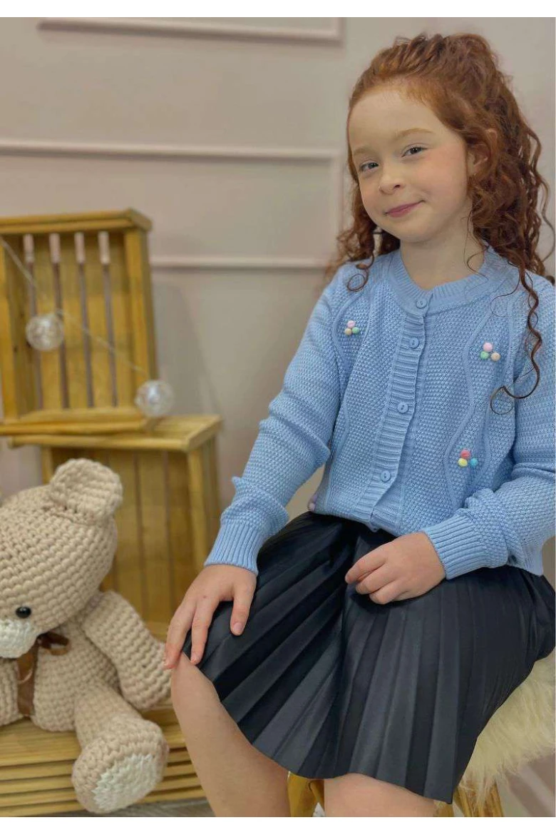 Cardigã Infantil de Tricot Feminino com Pompons Coloridos - Azul claro