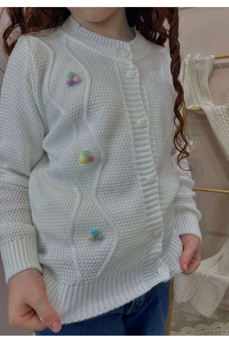 Cardigã Infantil de Tricot Feminino com Pompons Coloridos - Branco