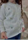 Cardigã Infantil de Tricot Feminino com Pompons Coloridos - Branco