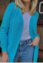 Cardigan Alongado Feminino em Tricot com Bolsos Frontais - Azul turquesa claro