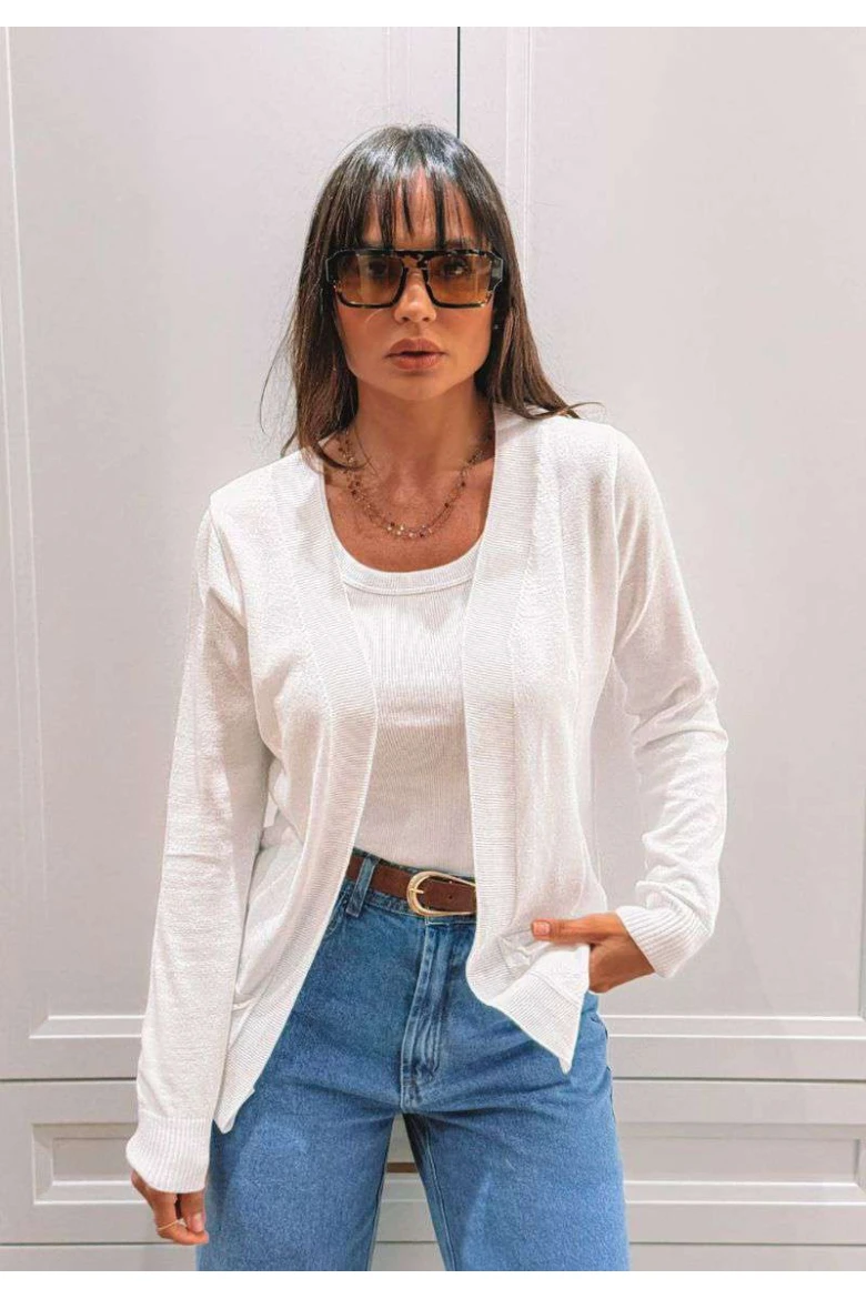 Cardigan Alongado em Tricot Feminino com Bolsos Frontais - Branco Cardigan Alongado em Tricot Feminino com Bolsos Frontais - Branco