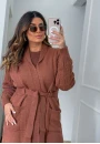 Cardigan Feminino Longo em Tricot com Cinto e Manga Texturizada - Marrom