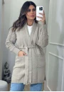 Cardigan Feminino Longo em Tricot com Cinto e Manga Texturizada - Bege natural