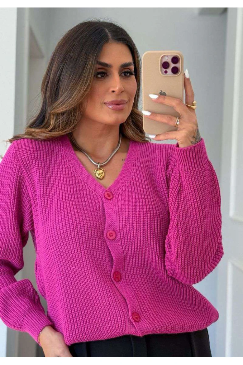Cardigan Feminino Tricô Botões Frontais Gola V e Manga Longa - Magenta
