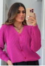 Cardigan Feminino Tricô Botões Frontais Gola V e Manga Longa - Magenta