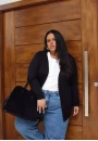 Cardigan Plus Feminino Tricot Básico com Bolsos - Preto