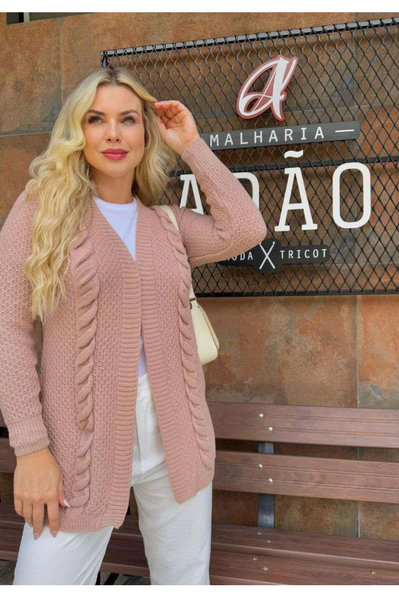 Cardigan Feminino de Tricot Aberto com Tranças Laterais - Rosa envelhecido Cardigan Feminino de Tricot Aberto com Tranças Laterais - Rosa envelhecido