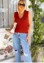 Colete Feminino Tricot com Botões Gola V Terracota - Terracota