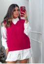 Colete Feminino em Tricot com Trança em Alto-Relevo e Gola V - Pink