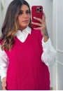 Colete Feminino em Tricot com Trança em Alto-Relevo e Gola V - Pink