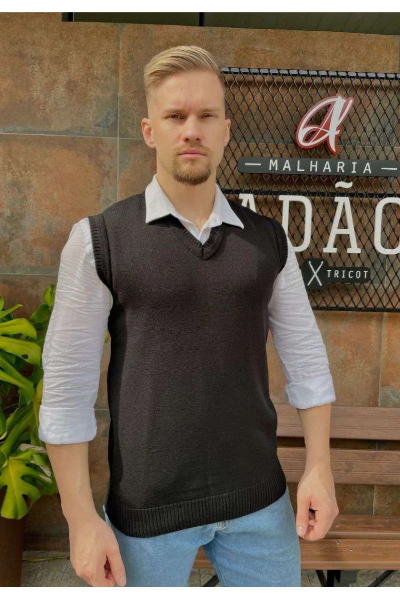 Colete Masculino Plus Size Tricot Gola V - Preto