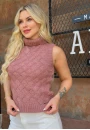 Colete Feminino de Tricot com Gola Alta e Tramas Trabalhadas - Rosa envelhecido