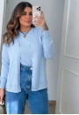 Conjunto Feminino de Tricot com Blusa Lisa e Cardigã Vazado - Azul claro