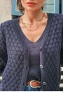 Conjunto Feminino de Tricot com Blusa Lisa e Cardigã com Trama Trabalhada - Azul escuro