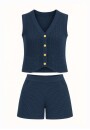 Conjunto em Tricô Feminino com Colete de Botões e Shorts - Marinho