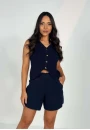 Conjunto em Tricô Feminino com Colete de Botões e Shorts - Marinho Conjunto em Tricô Feminino com Colete de Botões e Shorts - Marinho