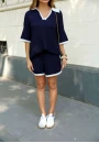 Conjunto em Tricot Feminino com Blusa Gola Polo e Shorts - Marinho