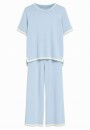 Conjunto em Tricot Feminino com Blusa Manga Curta e Calça Reta - Azul claro