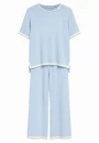Conjunto em Tricot Feminino com Blusa Manga Curta e Calça Reta - Azul claro