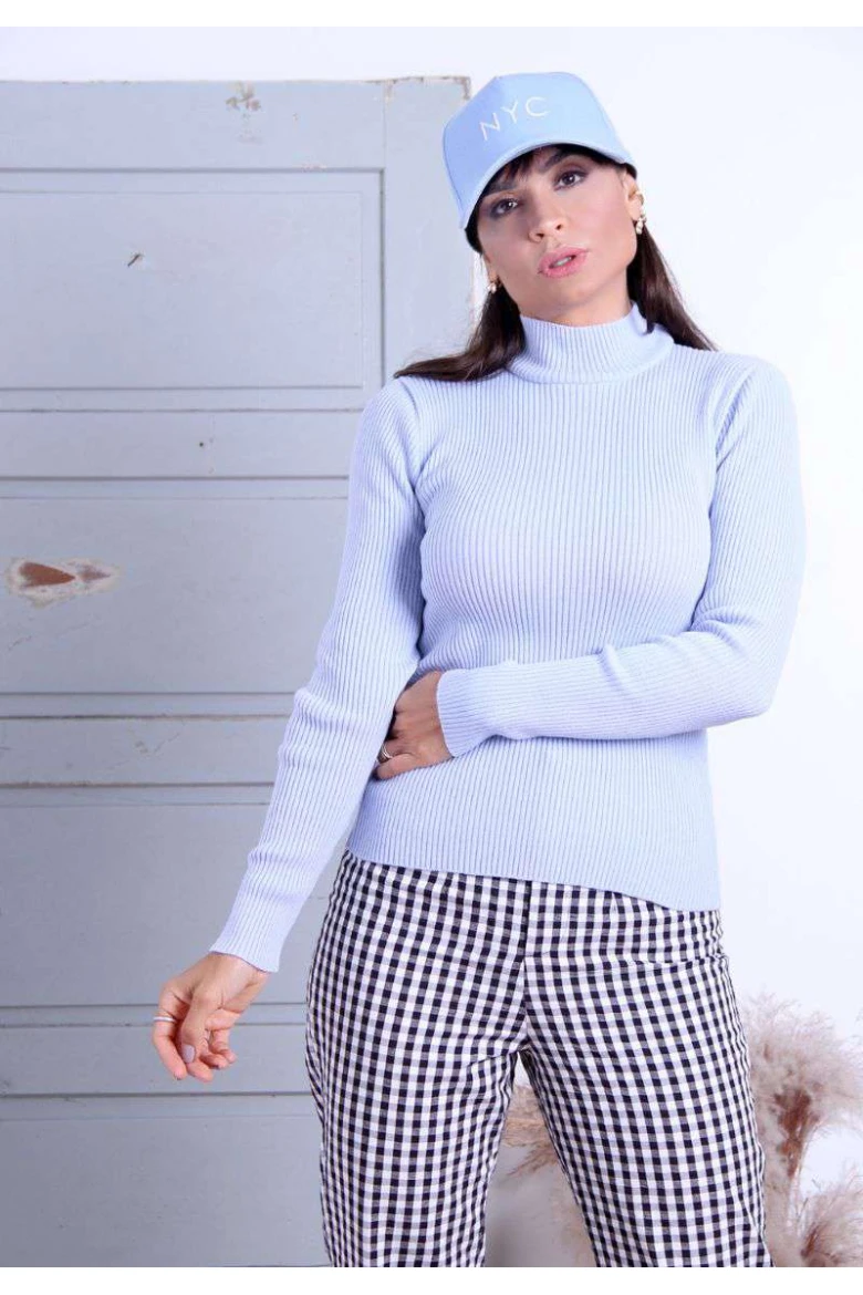Suéter Feminino Canelado Gola Alta - Azul claro