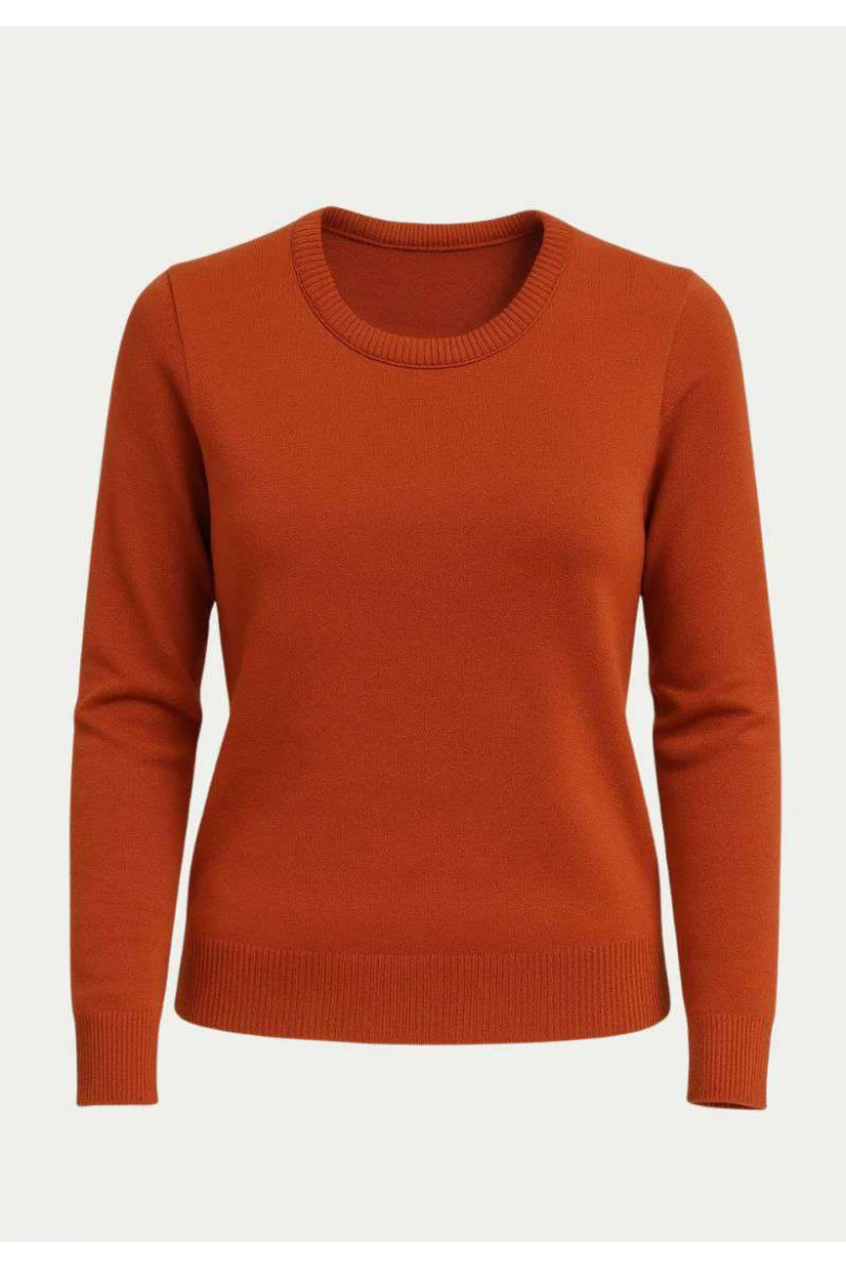 Suéter Feminino Decote Redondo Manga Longa em Tricot Fino - Telha Suéter Feminino Decote Redondo Manga Longa em Tricot Fino - Telha