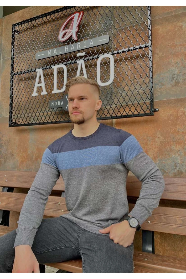 Suéter Mascuino de Tricot com Listras - Cinza mescla