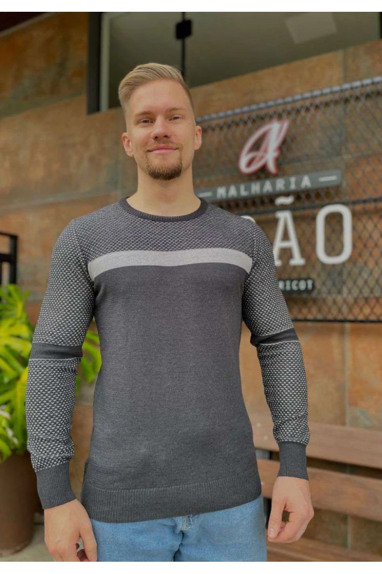 Suéter Plus Masculino Cinza com Detalhes Texturizados - Chumbo mescla