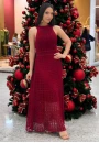Vestido Longo em Tricot Vazado Sem Mangas - Vermelho